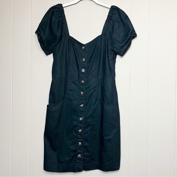 Madewell Linen Cotton Puff Sleeve Mini Dress 4 black minimalist button front - Picture 2 of 13